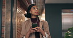 Phone, thinking and walking with business woman in office corridor for planning or research. App, communication and schedule with happy employee in workplace hallway for digital agenda or report
