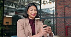 Laughing, phone and reading with business woman in office for campaign tracking, contact and search. Online engagement review, happy and social media reach with person in creative agency for chat