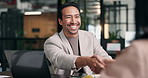 Interview, man and happy with handshake in office for internal vacancy, new recruit and welcome. Company growth, HR manager and candidate shaking hands for job promotion, contract renewal and laugh