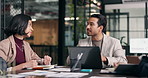 Man, meeting and laptop in office with team, data analysis and explain AI tools for productivity. People, discussion and advice in business with charts, stats or tech innovation for efficiency goals.