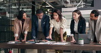 Meeting, team and business people with paperwork, planning and ideas for marketing strategy. Office, startup and workers with research, documents and graphs for sales report, advertising and project
