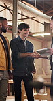 Tablet, handshake and team of carpenters in warehouse for planning furniture manufacturing. Digital technology, shaking hands and group of woodworkers with production schedule in factory together.