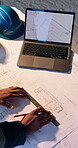 Hands, laptop screen and ruler on construction blueprint for CAD, design change and renovation. Above, man and floor plan for building dimensions, layout correction and markup notes in architecture