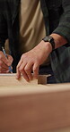 Hands, measure and man with woodwork for carpenter job, precision and manufacturing in warehouse. Person, productivity and wood with ruler for marking in workshop with custom or handmade furniture