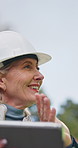 Smile, woman and tablet at site for construction, research and inspection report for architecture. Mature person, team and laughing at worksite with digital, funny discussion and building development