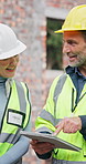 Construction, happy or team on site with tablet, progress track or task brief for development. PPE, mature people or engineers with tech, operation plan or project coordination with building report.
