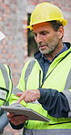 Construction, tablet or team outdoor with discussion, progress track or task brief for development. PPE, mature man or engineer with tech, operation plan or project coordination with building report.