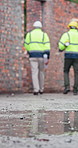 Back, people and walk at site for construction, inspection and assessment for architecture. Below, team and supervisor at worksite for evaluation, quality control and project for building development