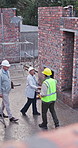 Construction, handshake or people with introduction, safety inspection or greeting for site check. Industrial, above or inspector with shaking hands, collaboration or welcome for compliance review.