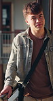 Talking, students and smile with man in college for education, conversation or bonding. Happy, class discussion or university gossip with person and friends on campus for chat, support and speaking