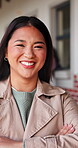 Face, woman and teacher on school campus for education, smile and academic career at academy. Happy person, portrait and arms crossed with pride for teaching, knowledge and educator for development