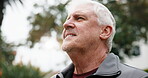 Mindfulness, meditation and old man in nature, retirement and spiritual awareness for mental health. Outdoor, fresh air and senior person on break, breathing and happy with inner peace and wellness