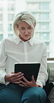 Business, tablet and writing with people in row at office for hiring or recruitment process. App, notebook and preparation with candidate group waiting in workplace for interview or job vacancy