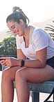 Laugh, phone and scroll with woman on tennis court for contact, tournament update and fitness. Online game fixture, communication and sports tips with person outdoor for training club and challenge