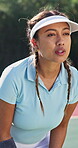 Tennis, start and fitness with woman on court for challenge, competition practice or health. Workout, tournament and training with person and racket in outdoor sports club for hobby, match and game