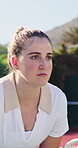 Tennis, waiting and game with woman on court for challenge, competition practice and health. Player, tournament and training with person and racket in outdoor sports club for hobby, match and fitness