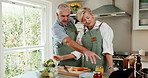 Tablet, cooking and senior couple in home kitchen with online recipe, bonding and love. Happy, food and feeding for health and wellness with tech, laugh and helping in house for people in retirement