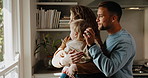 Family, smile and view at window in house, parents and baby with development, bonding and care. Mother, father and child with curiosity, connection and relationship with happiness and love in home