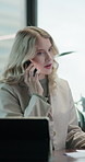 Finance, networking and phone call with business woman at desk in office for accounting update. Communication, investment and risk management with accountant in financial workplace for consulting
