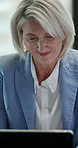 Happy, woman and reading in office with tablet, arms crossed and good news for budget management. Mature person, manager and confident in business with tech, cost control and proud of financial plan.