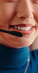 Call center, advice and mouth with headset, contact us and telecom discussion with crm service. Talking, closeup and happy woman with microphone, online assistance and helpdesk with client support.