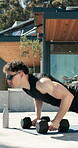 Dumbbells, fitness and push up with man outdoor for health, training or workout routine. Exercise, sunglasses and weightlifting with strong person on concrete porch of home for bodybuilding session