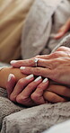 Hands, woman and comfort person in bed for illness support, compassion and flu recovery in home. Health, sick and people with empathy for bacterial infection, consoling and healing from acute virus