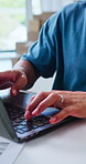 Hands, laptop and logistics with man in home office for delivery, distribution or shipping. Computer, remote work and typing with person at desk in apartment for management of ecommerce business