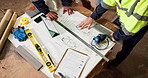 Construction, team or hands on site with blueprint, floor plan or feedback on building project. Above, people or architect with paper, operations report or design review in infrastructure development