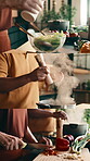 Cooking, series and hands with food in kitchen, recipe and ingredients for dinner or culinary skills. Meal prep, steam and people with healthy lunch, seasoning salad and cutting vegetables in home