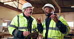 Architect, discussion and men with clipboard in building, inspection and renovation progress report. Civil engineer, laughing and mature people with checklist for safety check, writing and teamwork