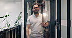 Man, walk and arrive at office with bag, sustainable business and smile for environmentalist career. Flare, morning and person enter workplace with confidence, pride and job at eco friendly company.