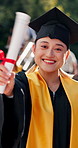 Happy, face and Asian woman with degree for graduation, college success and milestone at university. Portrait, graduate and person with certificate for education, academic goal or achievement outdoor