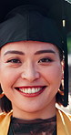 Student, face and happy asian woman in graduation ceremony for academic achievement or milestone. Portrait, female person or graduate with smile for education, learning or university qualification