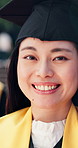 Student, face and asian woman with pride in graduation ceremony for academic achievement or milestone. Portrait, female person or happy graduate with smile for education or university qualification
