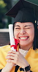 Wink, face and Asian woman with degree for graduation, college success and milestone outdoor. Portrait, graduate and happy person with certificate for education, future and university achievement