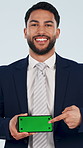 Face, business man and phone in studio with green screen, advertising and report for real estate. Portrait, realtor and mobile with mockup space, presentation and property auction on white background