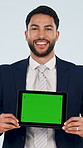 Face, businessman and tablet in studio with green screen, advertising and website for real estate. Portrait, realtor and tech with mockup space, presentation and property auction on white background