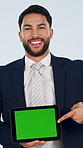 Face, businessman and digital in studio with green screen, advertising and report for real estate. Portrait, realtor or tablet with mockup space, presentation and property auction on white background