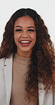 Face, laughing and business woman in studio, smile or hr worker with confidence on white background. Funny, about us and happy female person, positive attitude and talent acquisition specialist