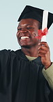 Selfie, graduation and black man in studio with scroll for university degree, certificate or diploma. Happy, laugh and college student with photography picture for education goal on blue background.