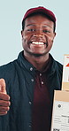 Face, delivery and black man with thumbs up for package, logistics or supply chain in studio. Portrait, courier and approval for distribution, box shipping and online shopping on white background