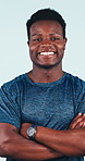 Black man, smile and face in studio for fitness, arms crossed and confidence or pride. Portrait, African person and bodybuilder or instructor for strength, training or happy on white background