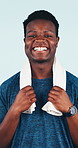 Happy, fitness and face of black man with towel in studio for muscle, strength and body building training. Smile, confidence and portrait of African personal trainer isolated on white background