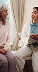 Physiotherapist, clipboard and happy senior group with advice for fitness, schedule and goals. People, physical therapy and elderly session with notes, writing or plan for wellness at retirement home