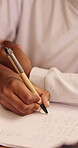 Writing, hands and child with book for education, homework and practice mathematics for learning. Study, notebook and kid with equations for lesson, development or productivity in academic assessment