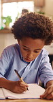 Writing, kid and book in home for education, homework and homeschooling course for learning. Study, notebook and child with knowledge for lesson, development or productivity in academic assessment