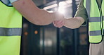 Architect, people and meeting in office with handshake, welcome and partnership for architecture. Team, greeting and shaking hands in workplace for introduction, agreement and deal for construction