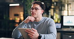 Man, thinking or analyst with tablet in office for company statistics, development or improvement. Thoughtful, male person or contemplating on technology for analytics or data management in workplace
