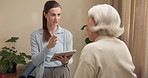 Physiotherapy, tablet and senior woman for consulting, online report and healing for osteoarthritis. Healthcare, tech and physical therapist with patient for wellness, advice and support for mobility